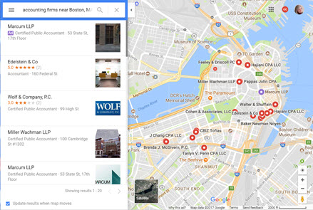 Google Maps search for accountants in the Boston area