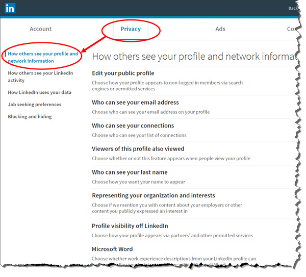 LinkedIn Profile Privacy options