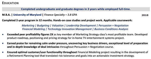 Resume GPA, Coursework, and Project - 1st example